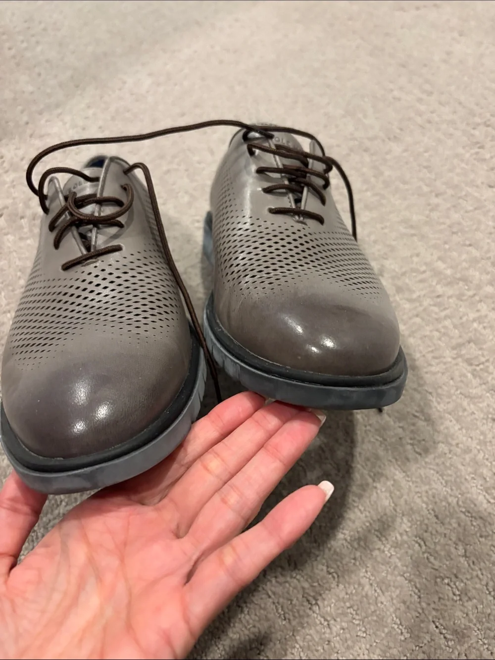 Cole Haan Perforated Leather Derby in Gray with Brown Laces